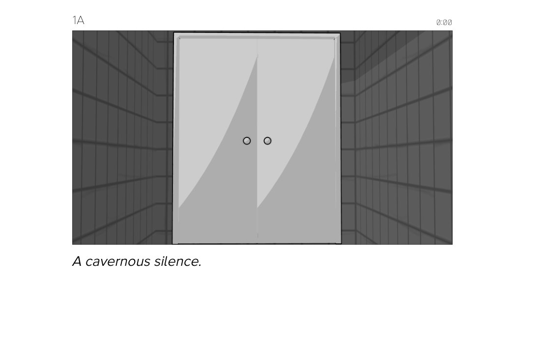 Storyboard frame 1A: a tall double door at the end of a dark tiled hallway