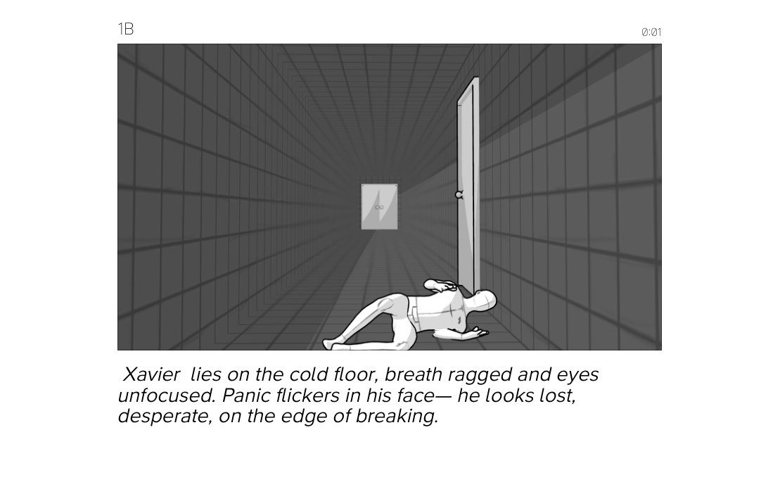 Storyboard frame 1B: Xavier lies on the hallway floor beside an open door