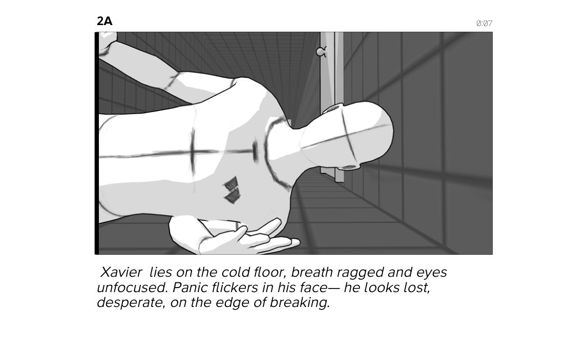 Storyboard frame 2A: Xavier seen from above on the cold floor