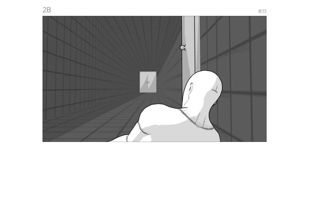 Storyboard frame 2B: Xavier looks down a dark tiled hallway toward a small framed light
