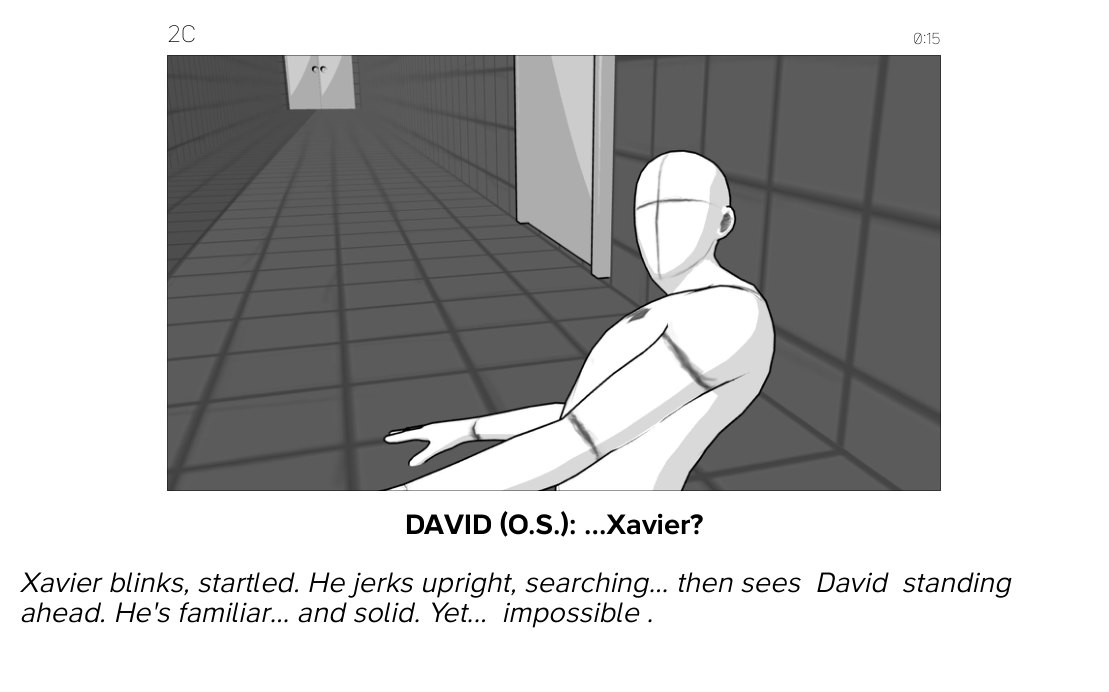 Storyboard frame 2C: Xavier jerks upright and searches the hallway