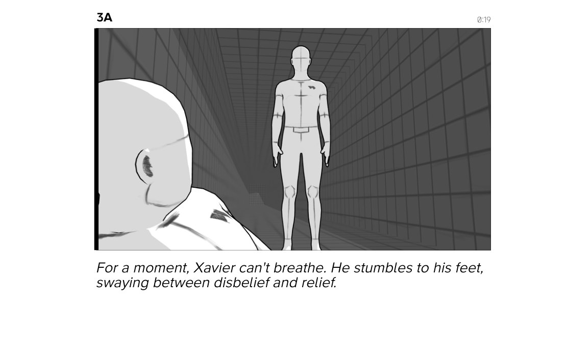 Storyboard frame 3A: David stands at the far end of the hallway